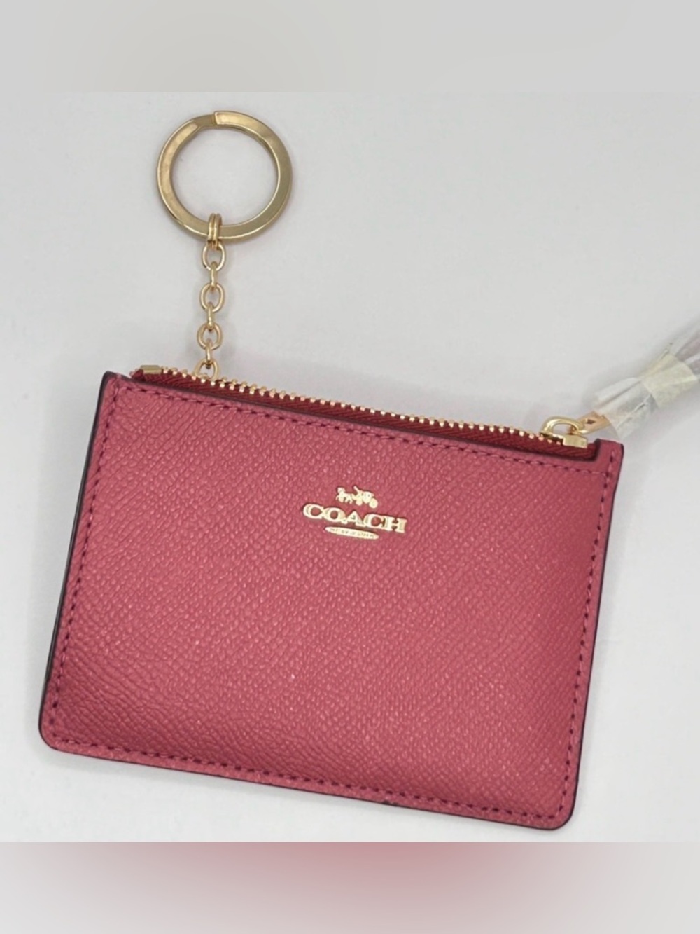 Coach Mini Skinny ID Case Crossgrain Leather Dark Pink Wallet Key Ring